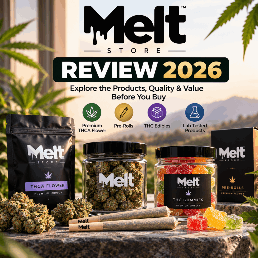 Melt – Store review featuring THCA flower, pre-rolls, THC edibles, exotic snacks, and hemp-derived cannabis products.