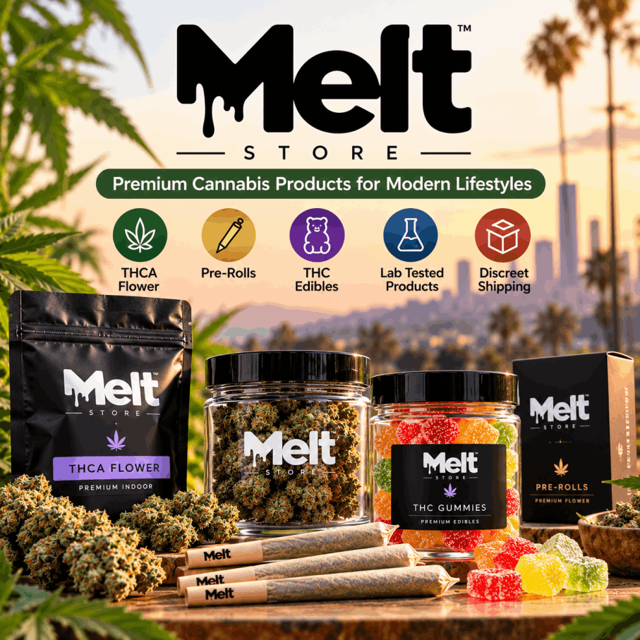 Melt – Store review featuring THCA flower, pre-rolls, THC edibles, exotic snacks, and hemp-derived cannabis products.
